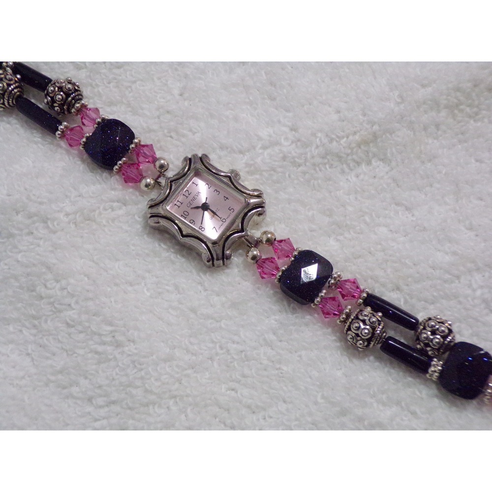 Geneva Womens Beaded Bracelet Watch Pink Black Crystal Silver Tone Toggle Clasp‎
